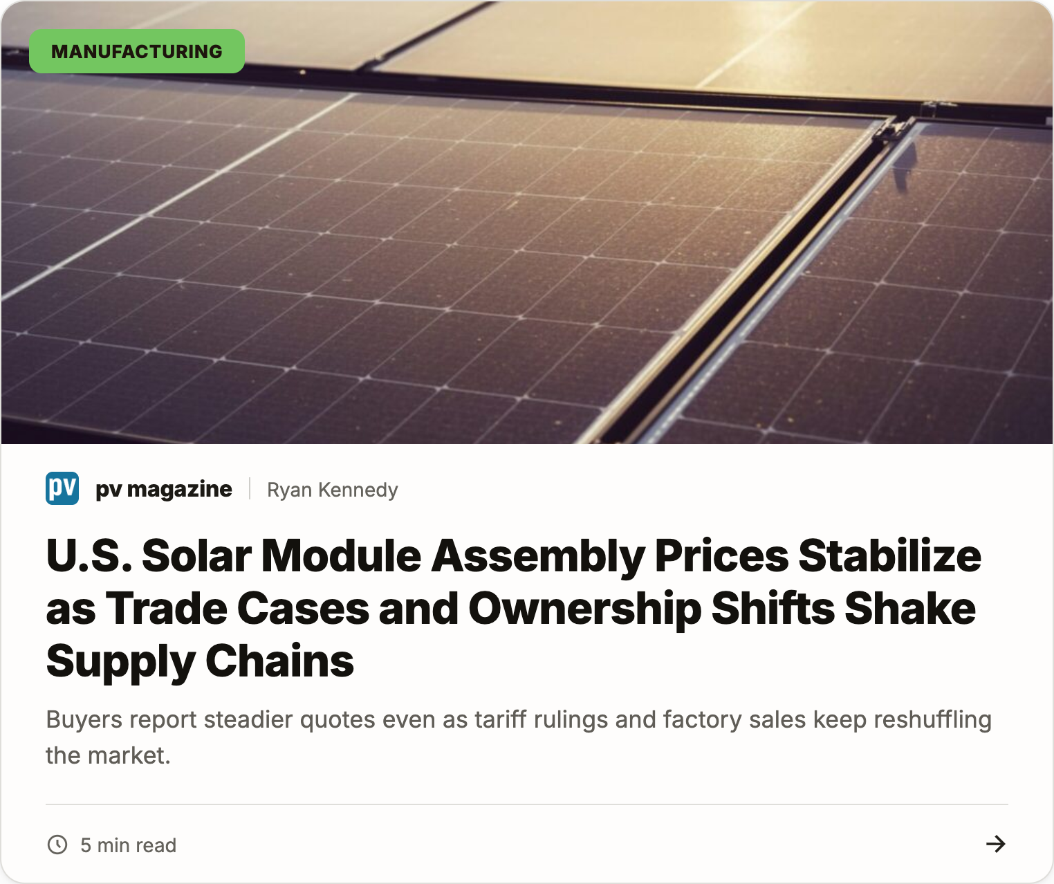 US solar module assembly prices stabilize