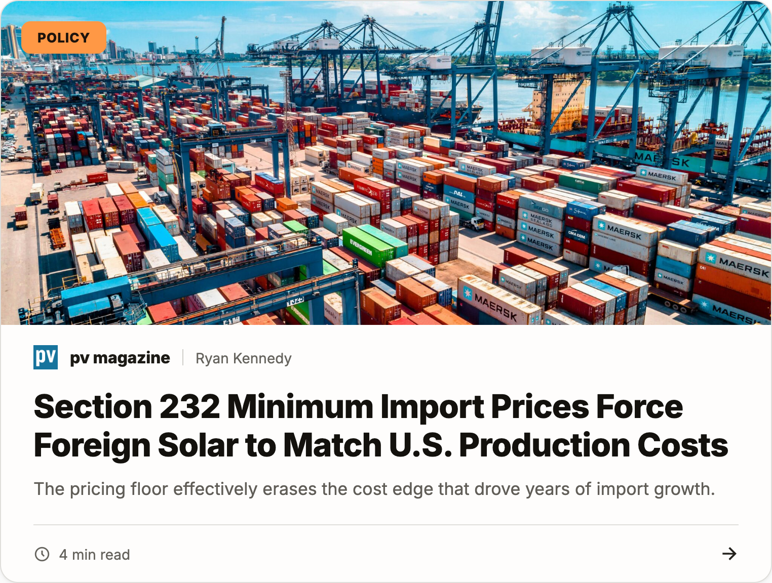 Section 232 minimum import prices force foreign solar to match U.S. production costs
